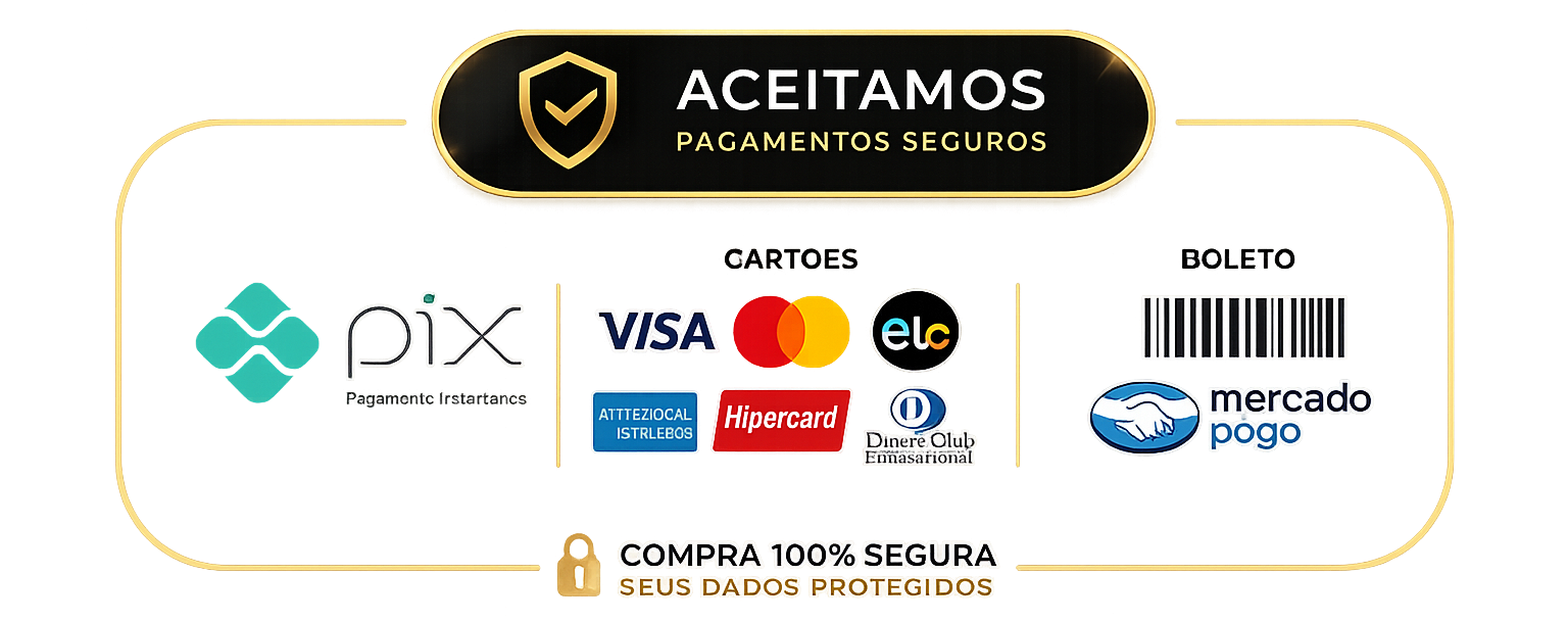 Aceitamos PIX, cartões e boleto pelo Mercado Pago com compra segura